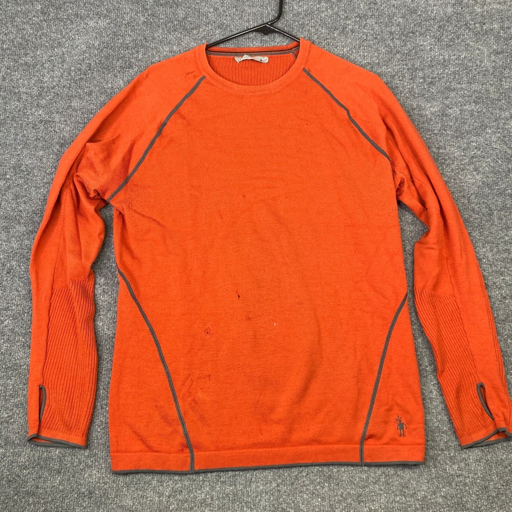 Smartwool Mens Merino Wool Base Layer Top Orange Grey Stitching Size M Thumbhole